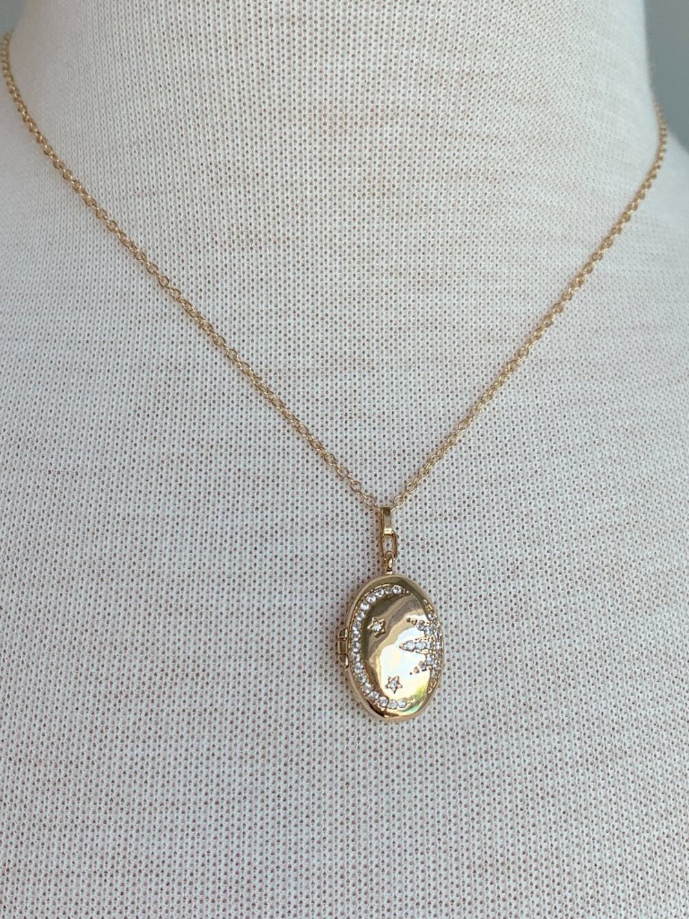 NEW ~ Anthropologie Oval CZ Celestial Moon Star Gold Locket Necklace